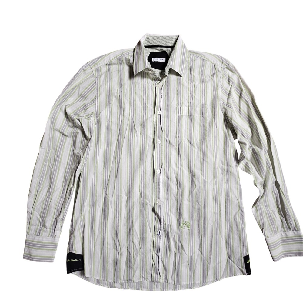 John Lennon Mens Striped Button Up Shirt Embroidered Logo Long‎ Sleeve L Retro